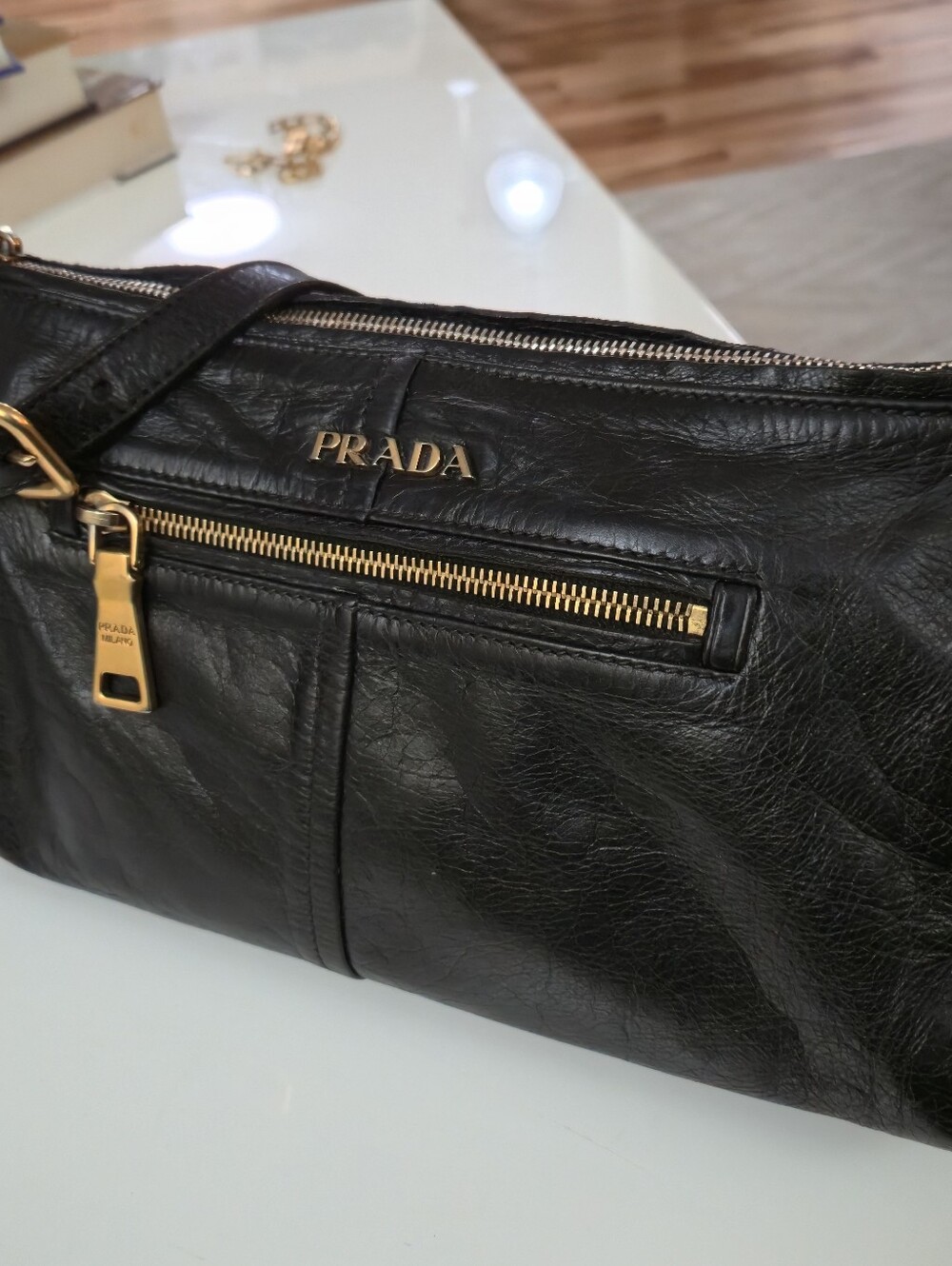 PRADA Dark Blue/Black Leather Shoulder Bag with Gold Hardware